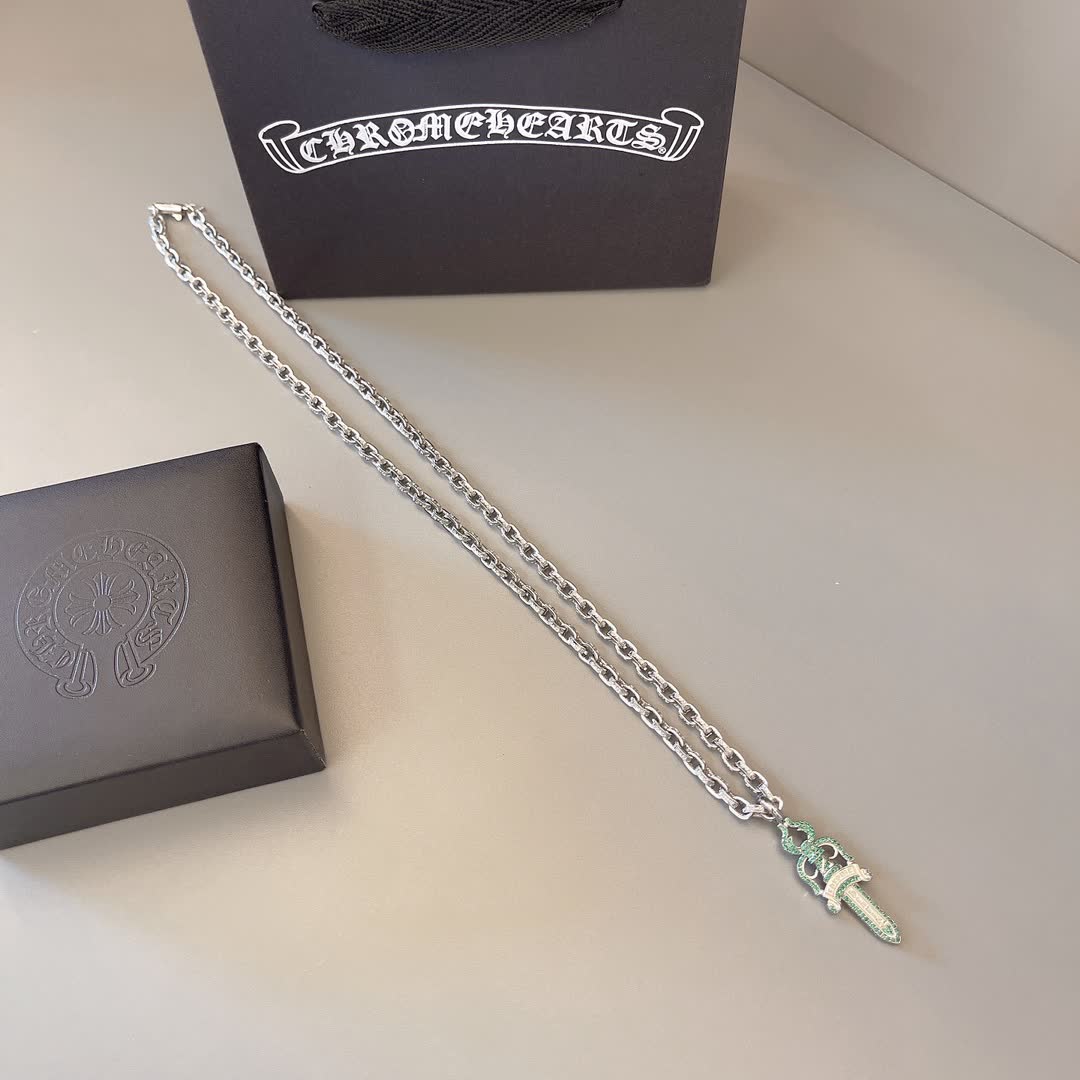 Chrome Hearts Silver Chain with Green Sword Pendant